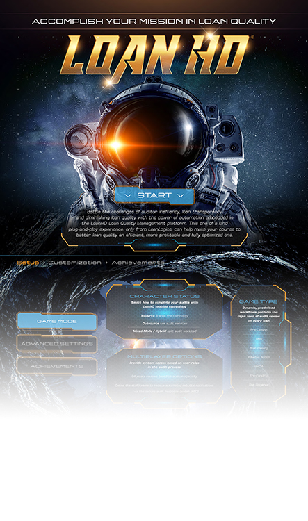LoanHD® infographic with astronaut in space, formatted with a video game interface to accomplish your mission in loan quality.